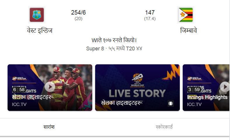 टी–२० विश्वकपमा वेस्ट इन्डिजले जिम्बावेलाई १ सय ७ रनले हरायो