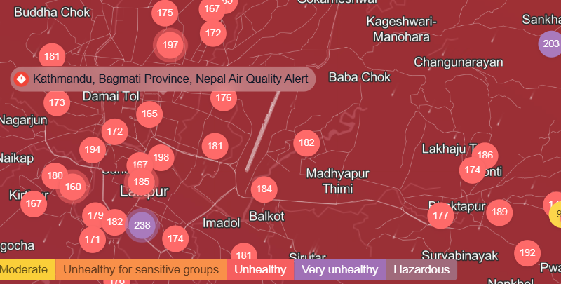 आज पनि काठमाडौंको वायु प्रदूषण अस्वस्थको तहमा पुग्यो, सचेत रहन आग्रह