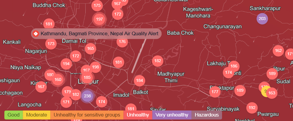 आज पनि काठमाडौंको वायु प्रदूषण अस्वस्थको तहमा पुग्यो, सचेत रहन आग्रह